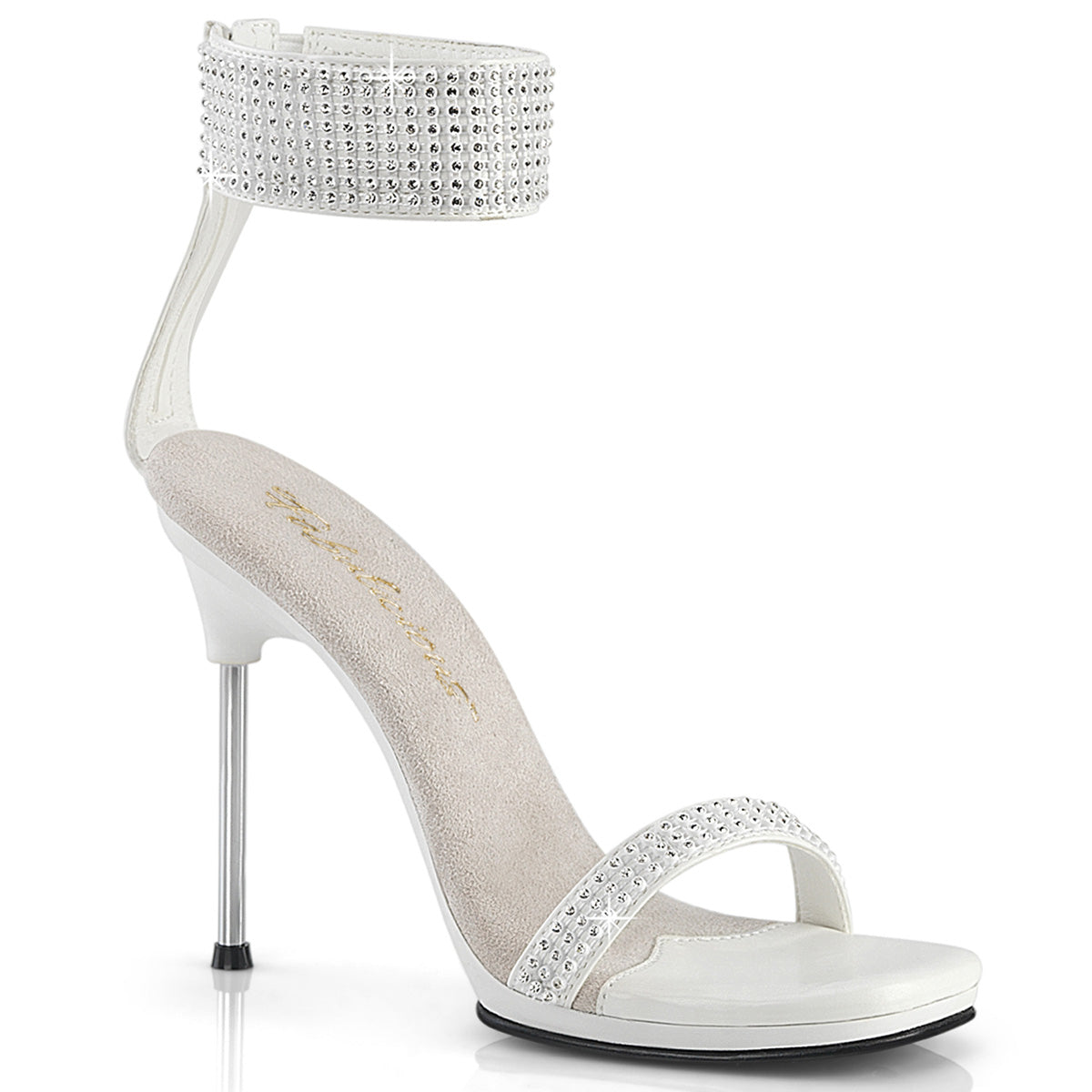 Fabulicious Chic-40 4.5 inch white rhinestone ankle cuff heel, three-quarter view on white