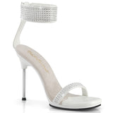 Fabulicious Chic-40 4.5 inch white rhinestone ankle cuff heel, three-quarter view on white