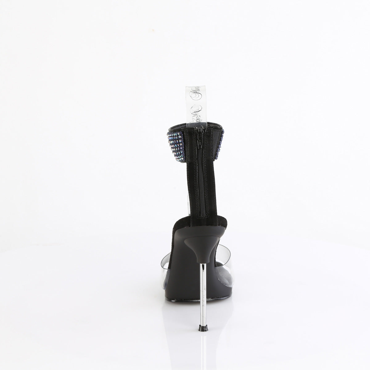 Fabulicious Chic-42 4.5 inch clear black rhinestone cuff stiletto sandal, back view of the heel