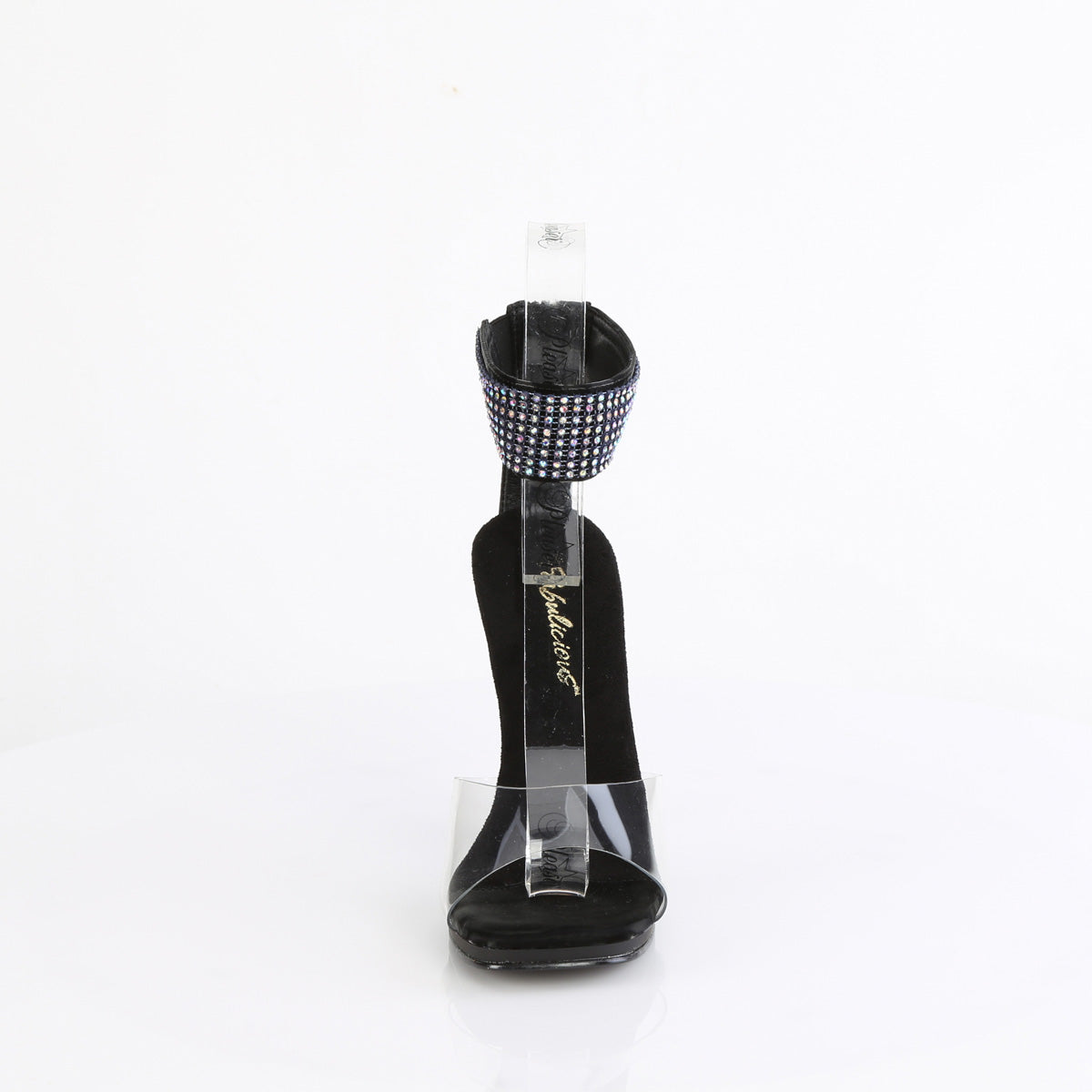Fabulicious Chic-42 4.5 inch clear black rhinestone cuff stiletto sandal, front view