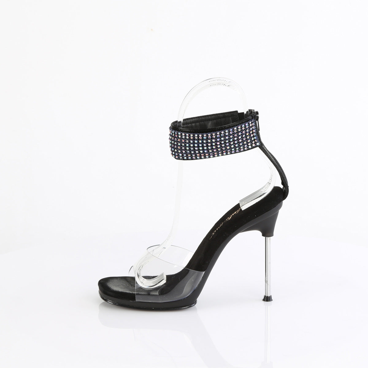 Fabulicious Chic-42 4.5 inch clear black rhinestone cuff stiletto sandal, side view of the heel