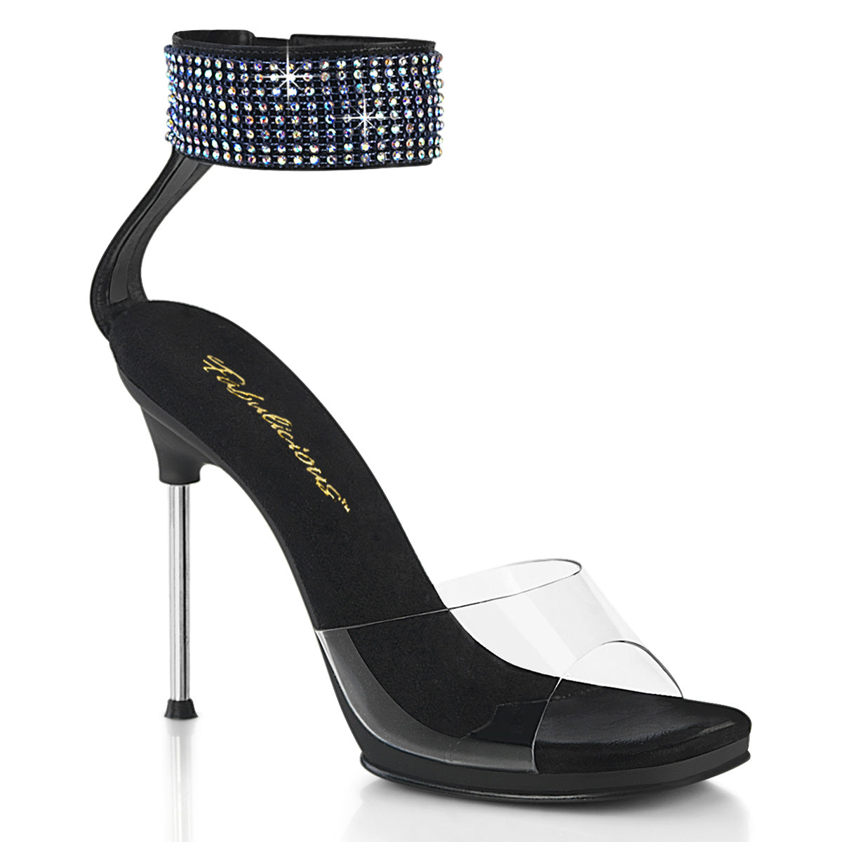 Fabulicious Chic-42 4.5 inch clear black rhinestone cuff stiletto sandal, three-quarter view on white
