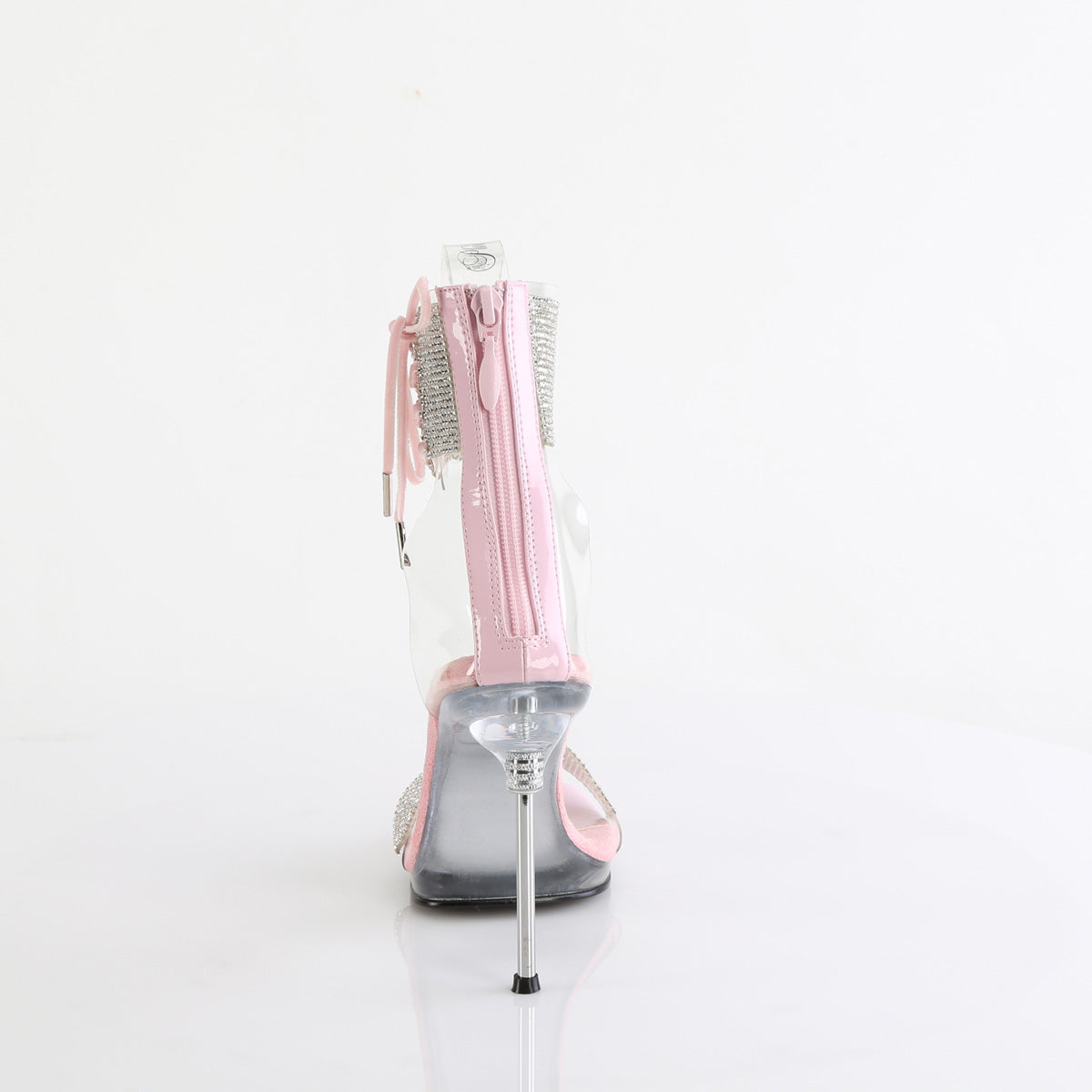 Fabulicious Chic-47 4.5 inch clear baby pink rhinestone ankle cuff sandal, back view of the heel