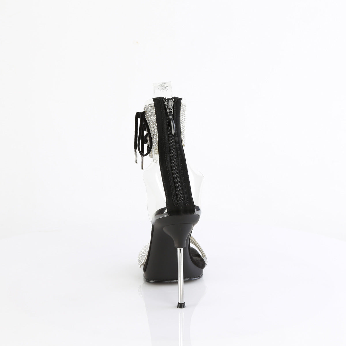 Fabulicious Chic-47 4.5 inch clear black rhinestone ankle cuff sandal, back view of the heel