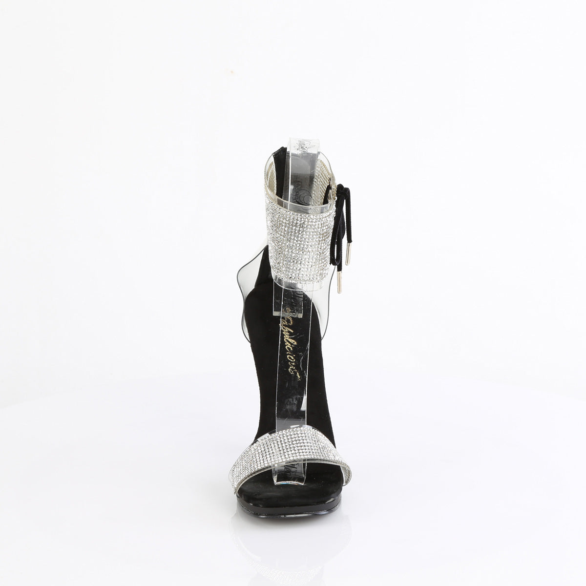 Fabulicious Chic-47 4.5 inch clear black rhinestone ankle cuff sandal, front view