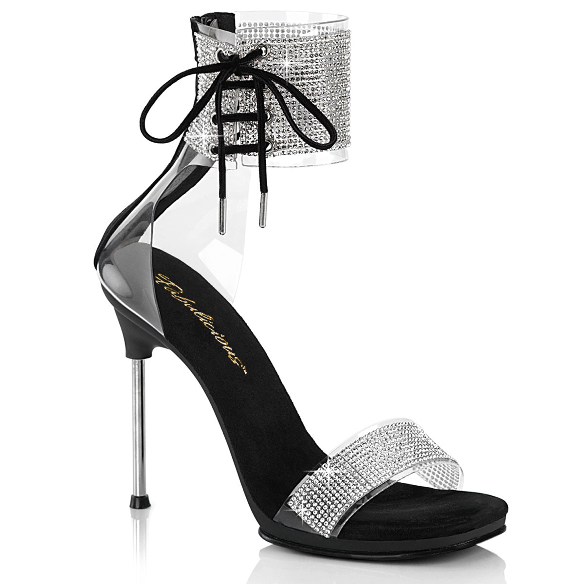 Fabulicious Chic-47 4.5 inch clear black rhinestone ankle cuff sandal, three-quarter view on white
