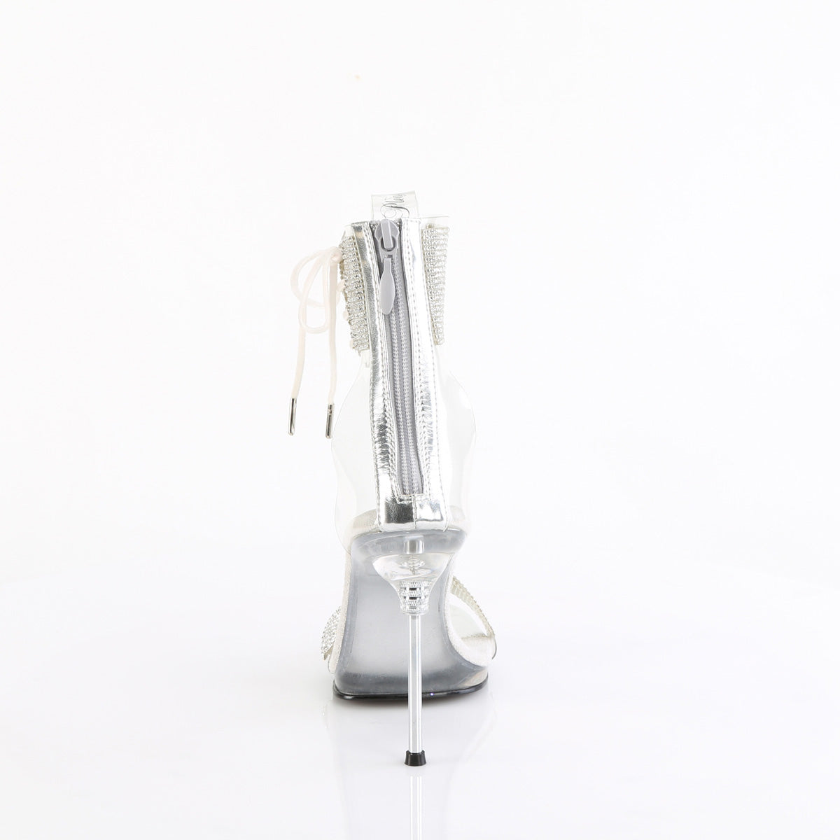 Fabulicious Chic-47 4.5 inch clear silver rhinestone ankle cuff sandal, back view of the heel