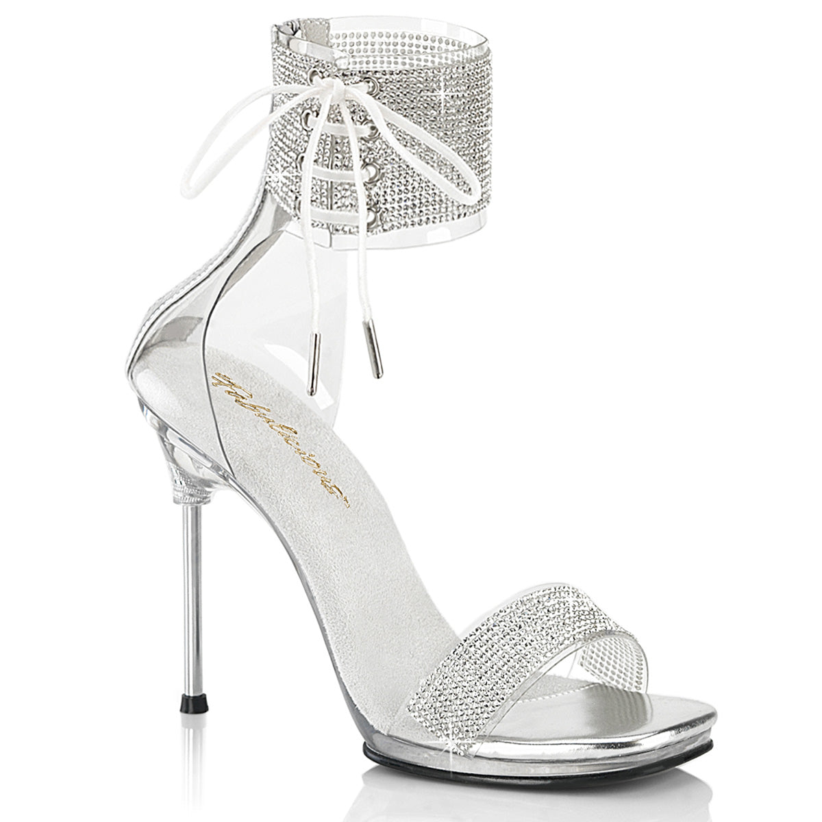 Fabulicious Chic-47 4.5 inch clear silver rhinestone ankle cuff sandal, three-quarter view on white