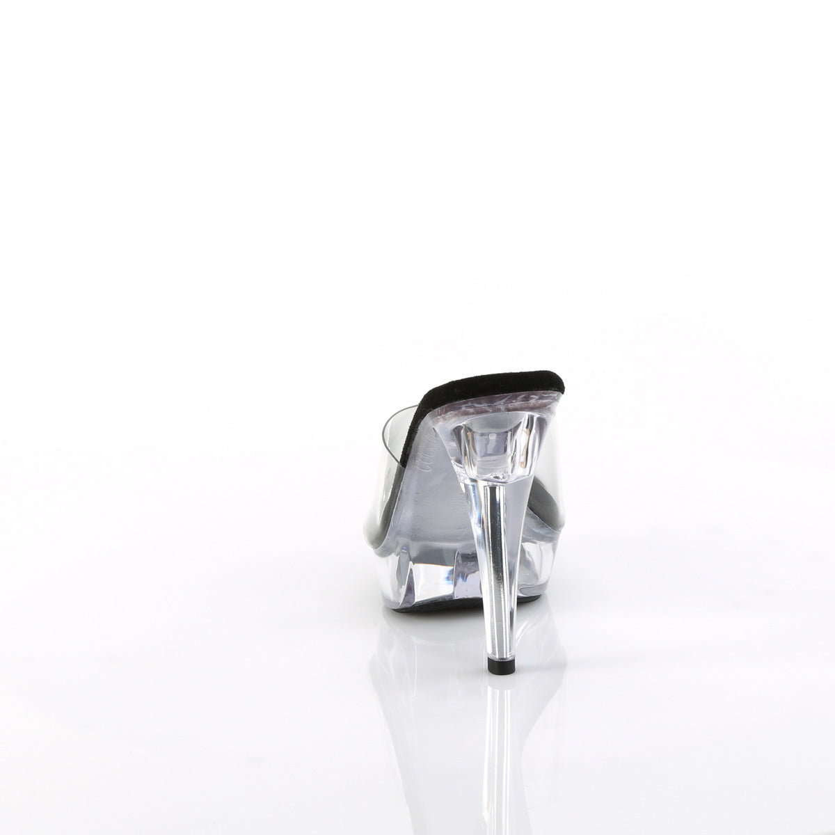 Fabulicious Cocktail-501 5 inch black clear platform slide, back view of the heel