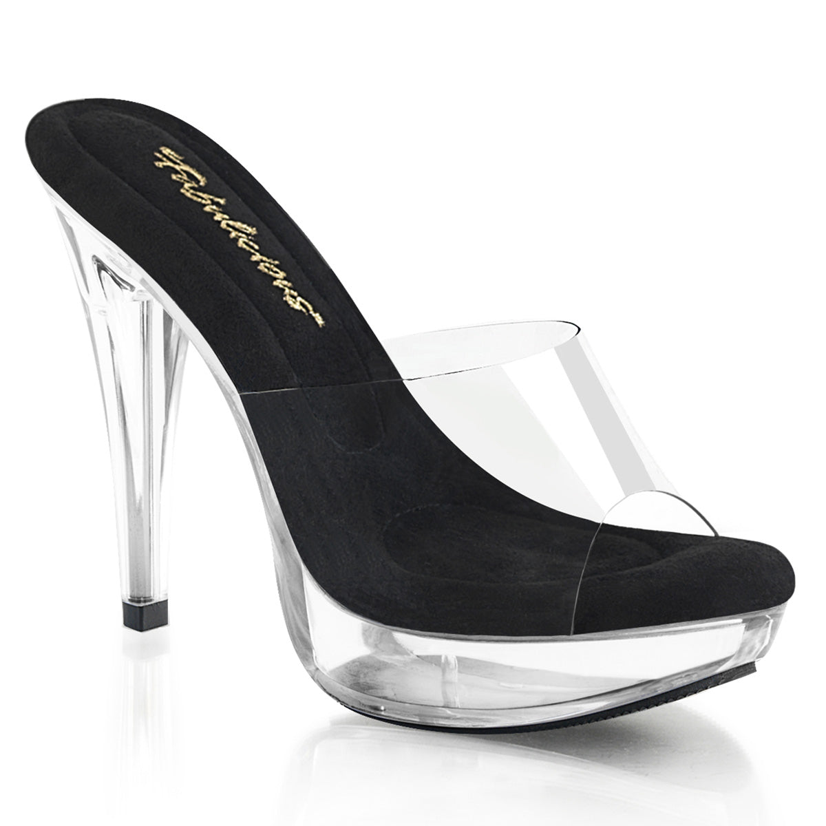 Fabulicious Cocktail-501 5 inch black clear platform slide, three-quarter view on white