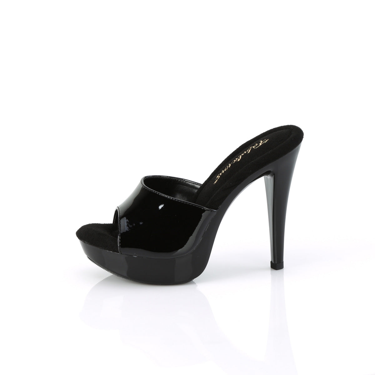 Fabulicious Cocktail-501 5 inch black platform slide, side view of the heel