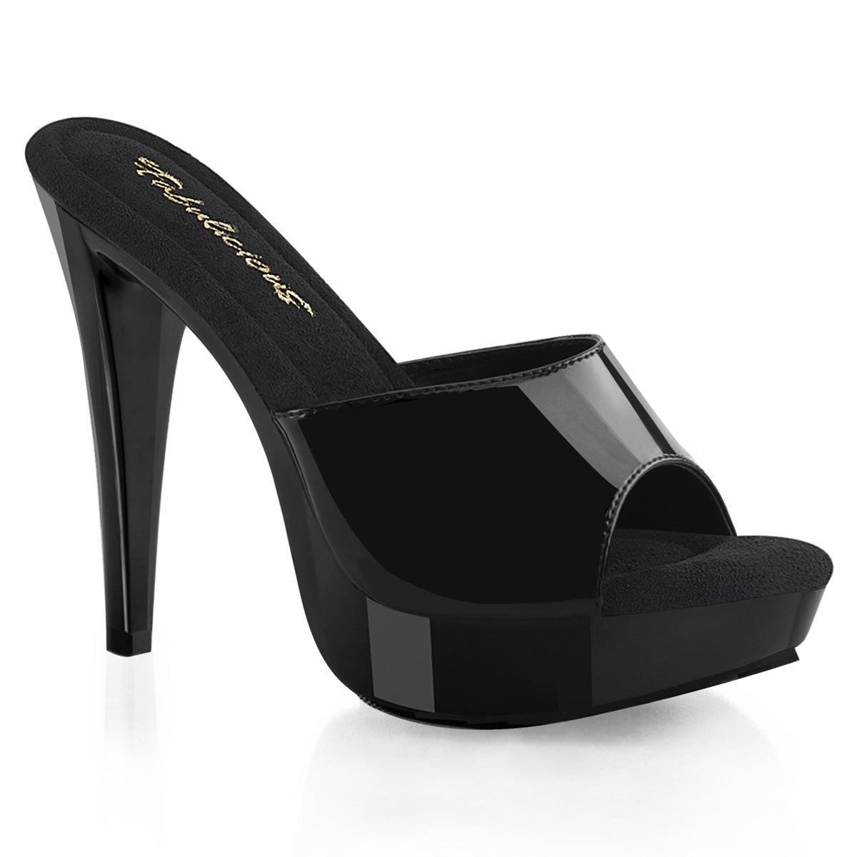Fabulicious Cocktail-501 5 inch black platform slide, three-quarter view on white