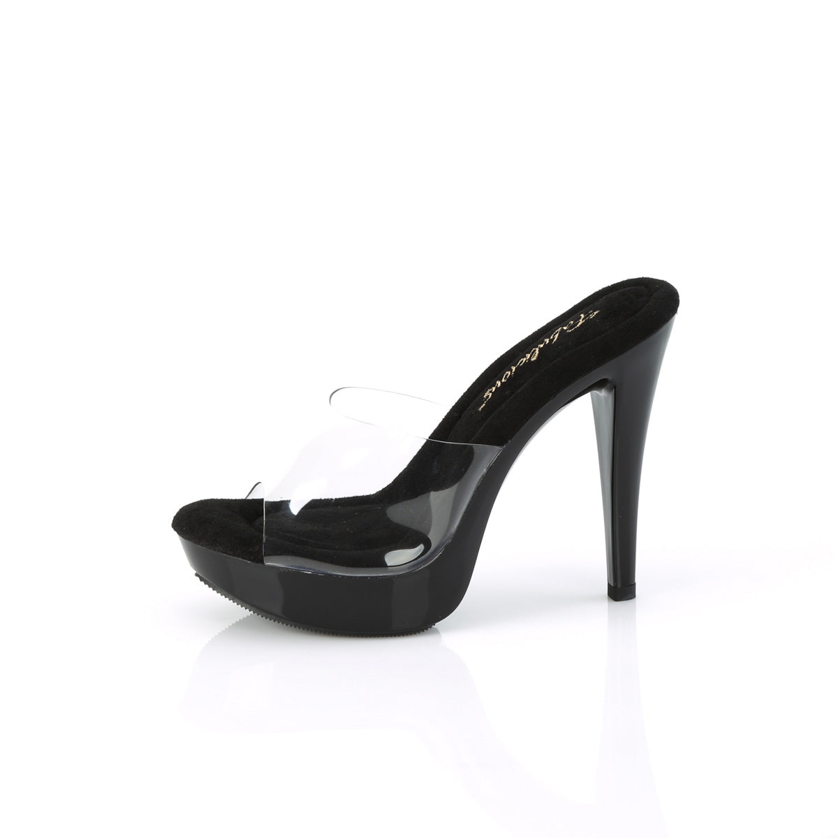 Fabulicious Cocktail-501 5 inch clear black platform slide, side view of the heel