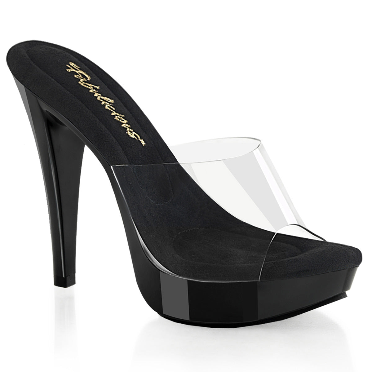 Fabulicious Cocktail-501 5 inch clear black platform slide, three-quarter view on white