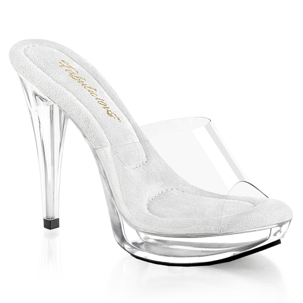 Fabulicious Cocktail-501 5 inch clear platform slide, three-quarter view on white