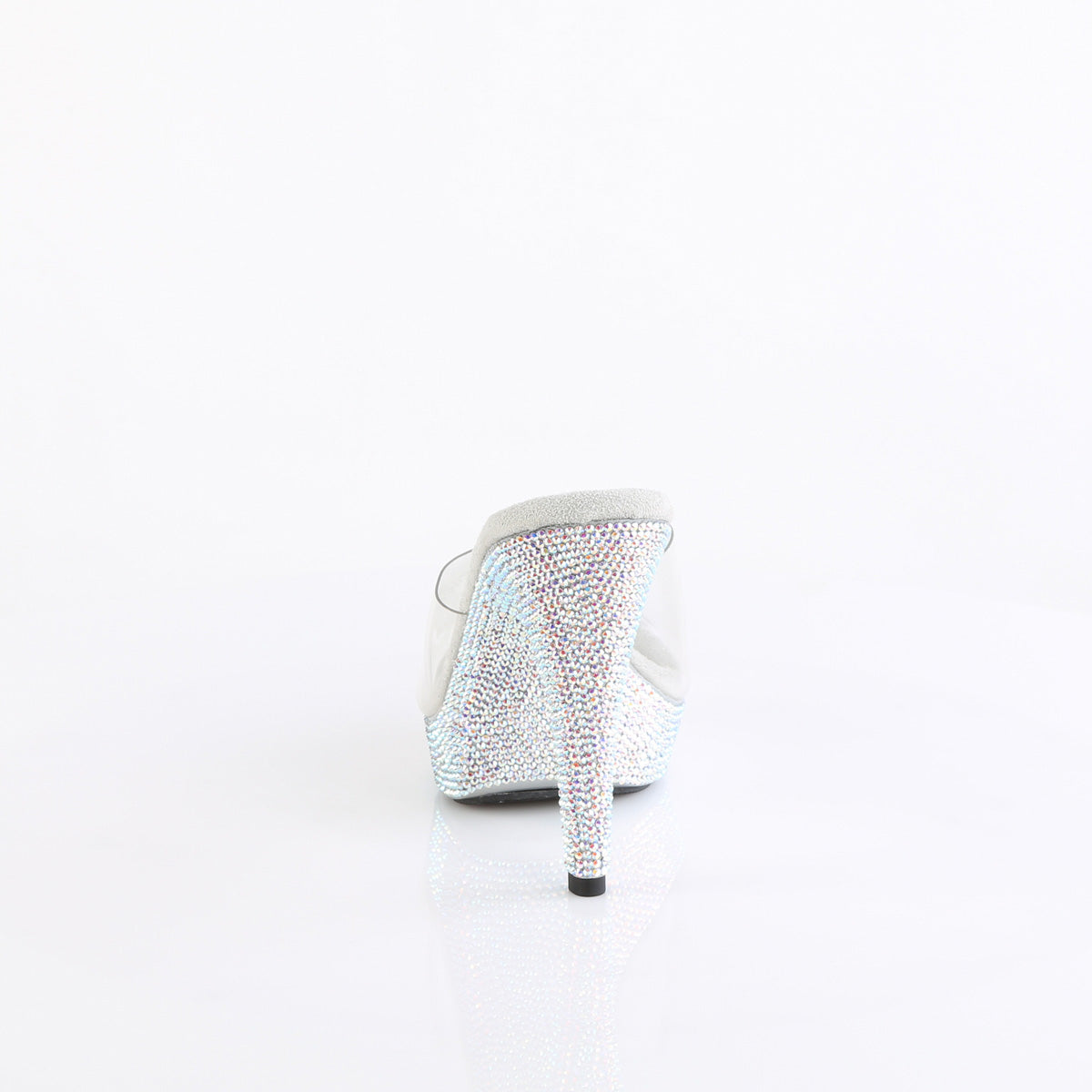 Fabulicious Cocktail-501DM 5 inch clear silver rhinestone-encrusted platform slide, back view of the heel