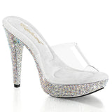 Fabulicious Cocktail-501DM 5 inch clear silver rhinestone-encrusted platform slide, three-quarter view on white