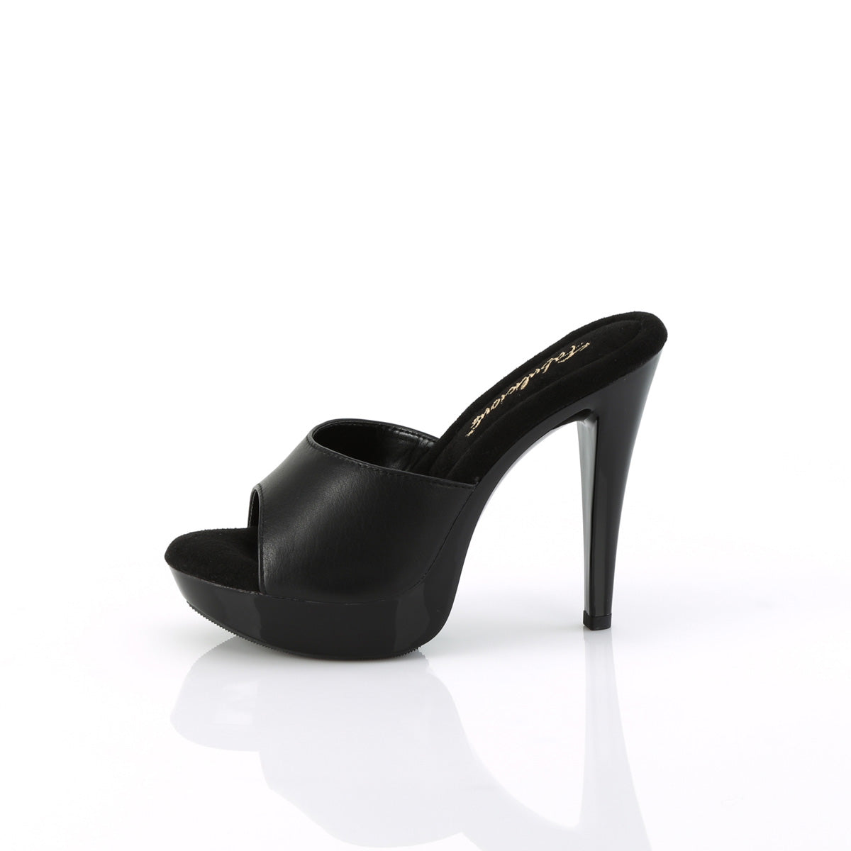 Fabulicious Cocktail-501L 5 inch black leather platform slide, side view of the heel