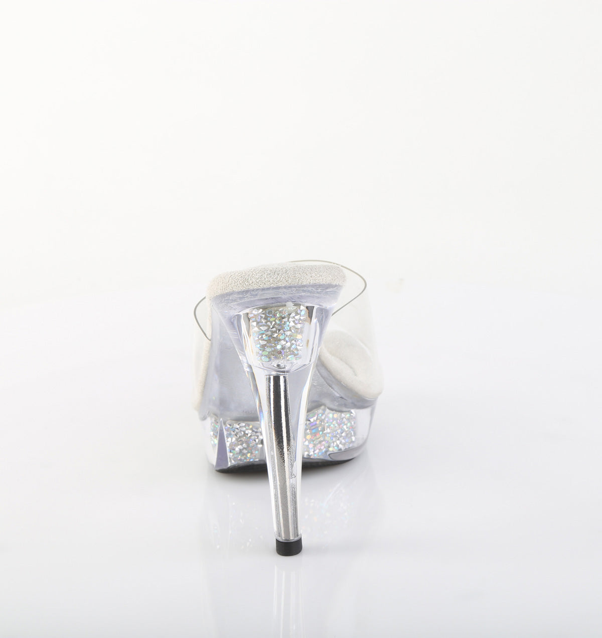 Fabulicious Cocktail-501RSI 5 inch clear silver rhinestone insert platform slide, back view of the heel