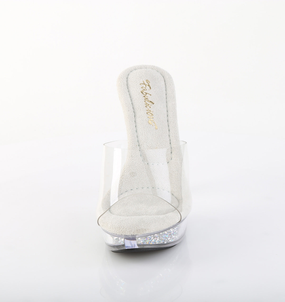 Fabulicious Cocktail-501RSI 5 inch clear silver rhinestone insert platform slide, front view