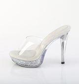 Fabulicious Cocktail-501RSI 5 inch clear silver rhinestone insert platform slide, side view of the heel