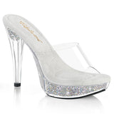 Fabulicious Cocktail-501RSI 5 inch clear silver rhinestone insert platform slide, three-quarter view on white
