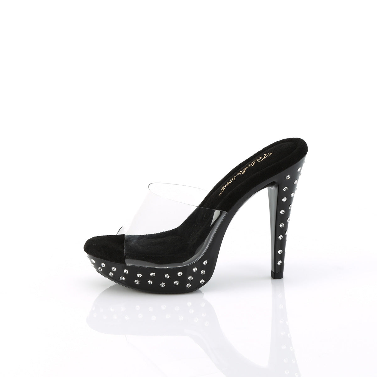 Fabulicious Cocktail-501SDT 5 inch clear black rhinestone studded platform slide, side view of the heel