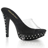 Fabulicious Cocktail-501SDT 5 inch clear black rhinestone studded platform slide, three-quarter view on white
