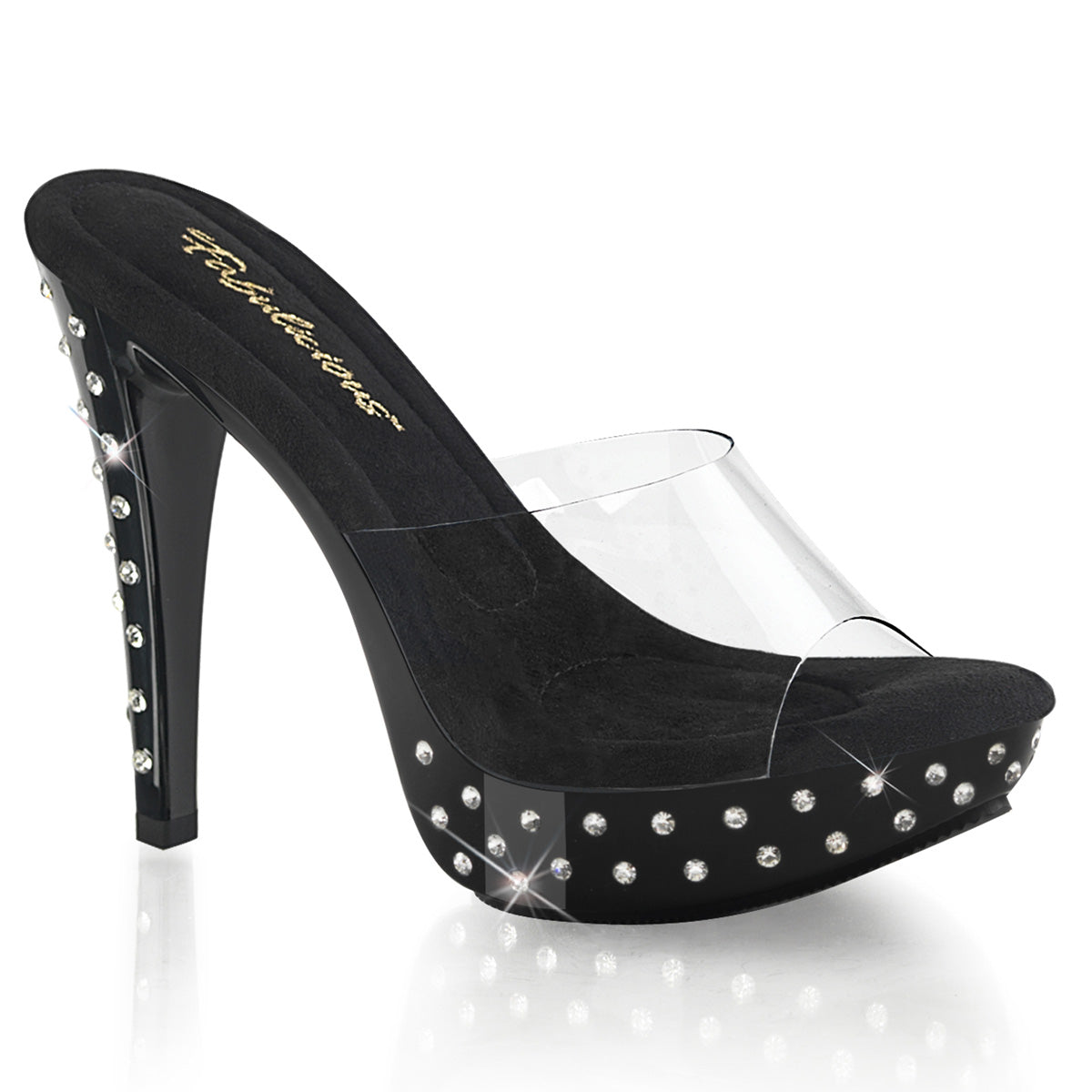 Fabulicious Cocktail-501SDT 5 inch clear black rhinestone studded platform slide, three-quarter view on white