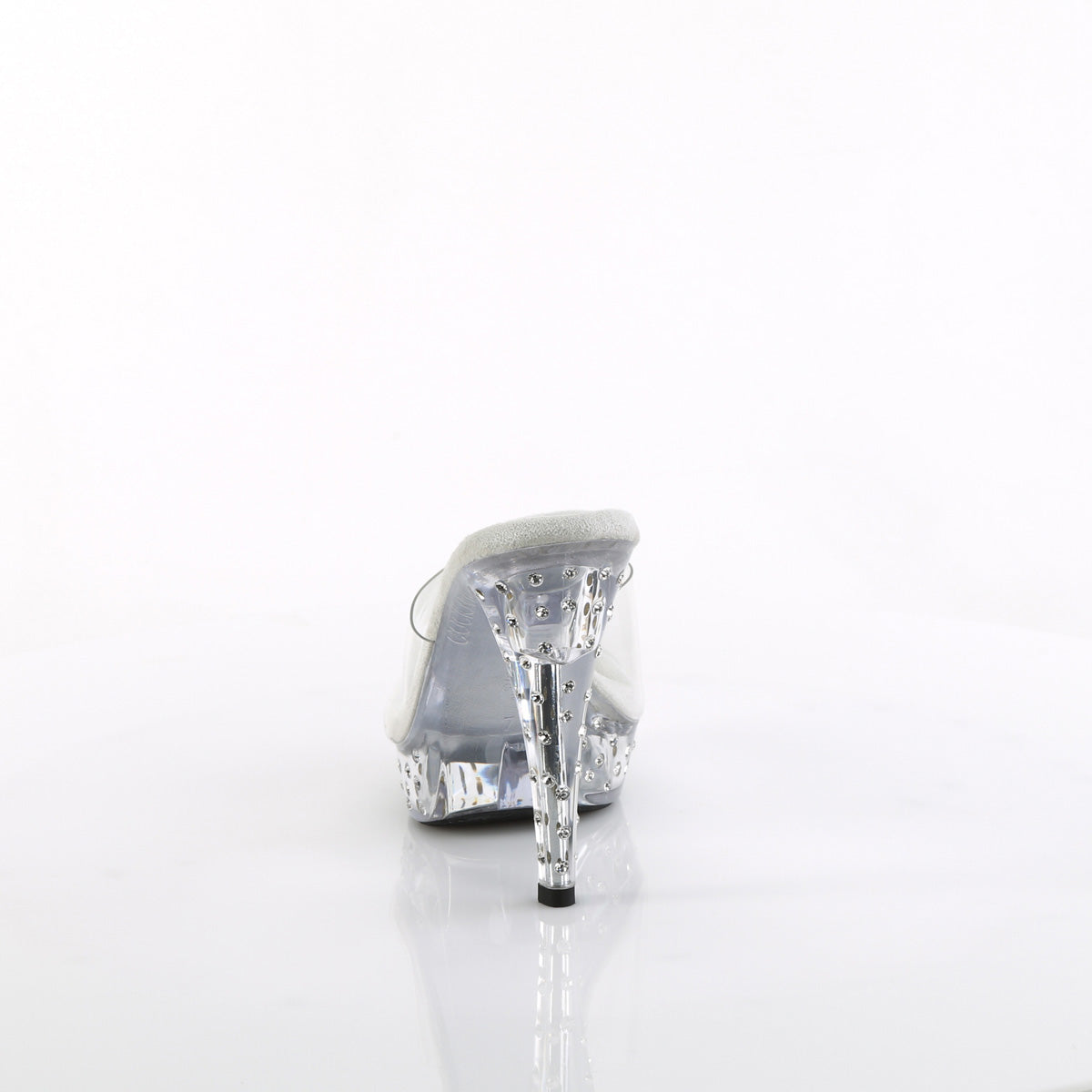 Fabulicious Cocktail-501SDT 5 inch clear rhinestone studded platform slide, back view of the heel