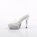 Fabulicious Cocktail-501SDT 5 inch clear rhinestone studded platform slide, side view of the heel