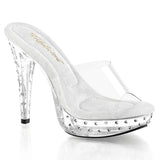 Fabulicious Cocktail-501SDT 5 inch clear rhinestone studded platform slide, three-quarter view on white