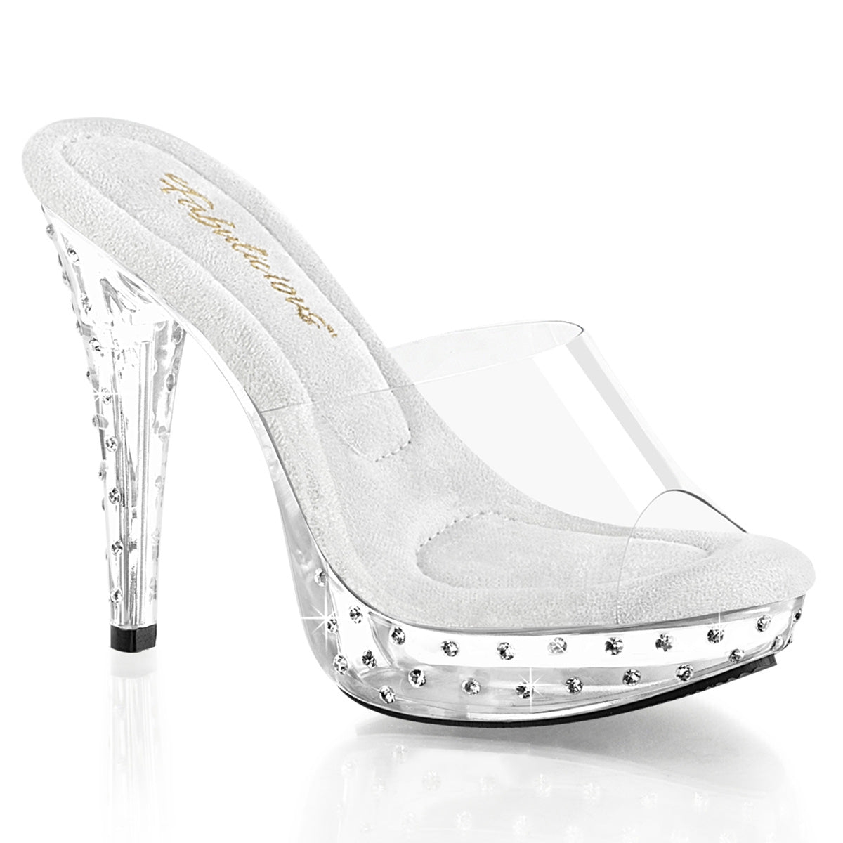 Fabulicious Cocktail-501SDT 5 inch clear rhinestone studded platform slide, three-quarter view on white