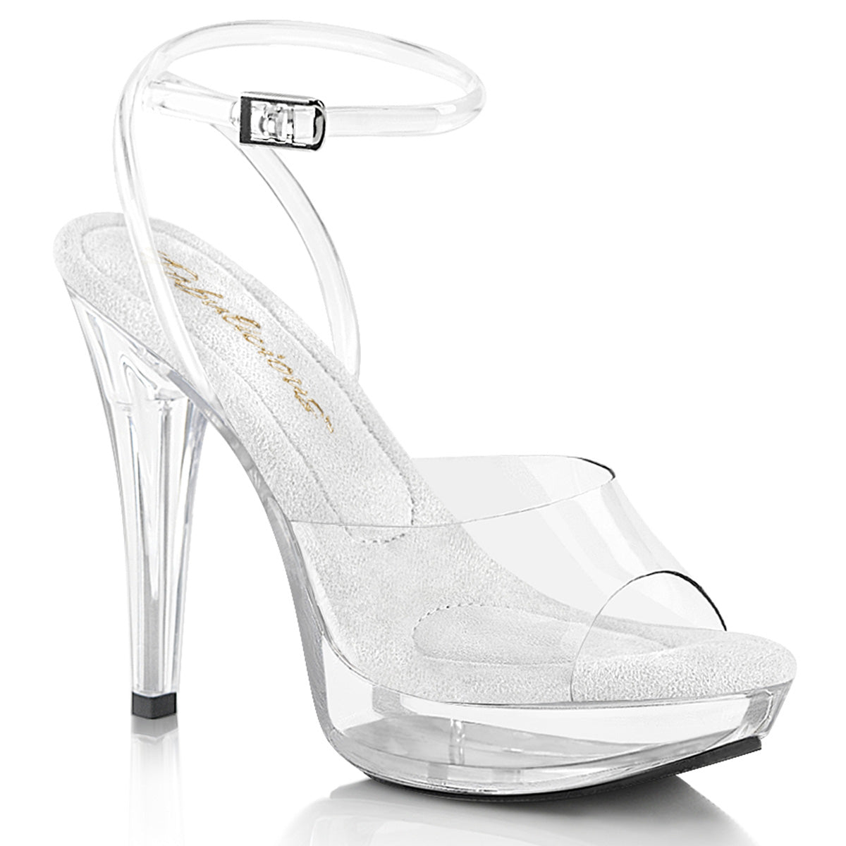 Fabulicious Cocktail-506 5 inch clear wrap ankle strap sandal, three-quarter view on white