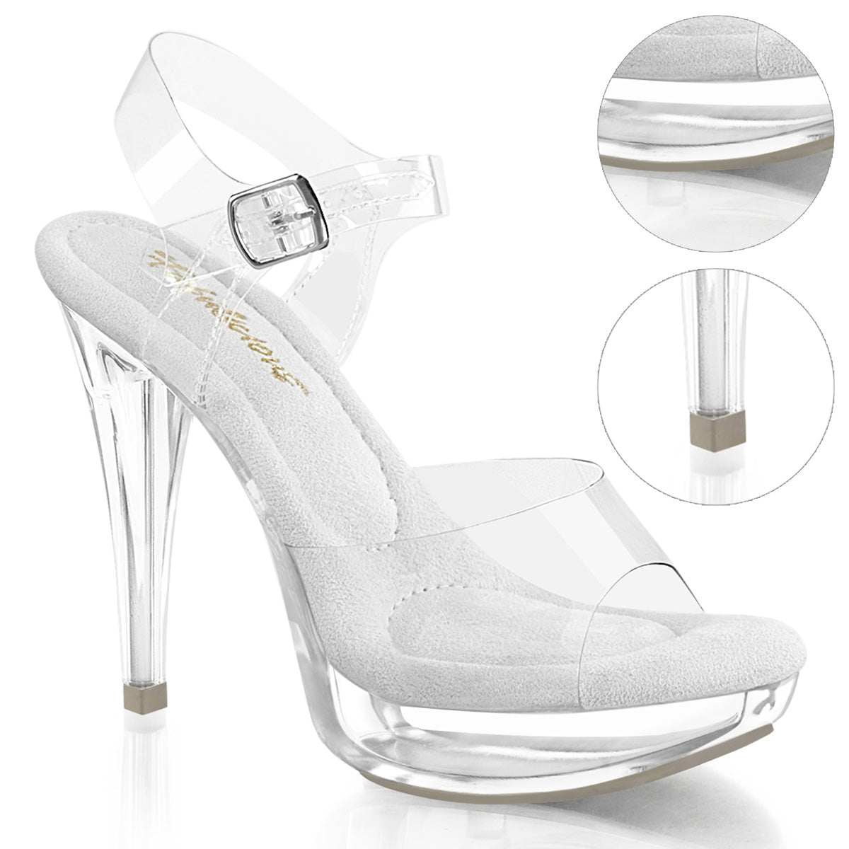 Fabulicious Cocktail-508 5 inch all clear ankle strap sandal, three-quarter view on white