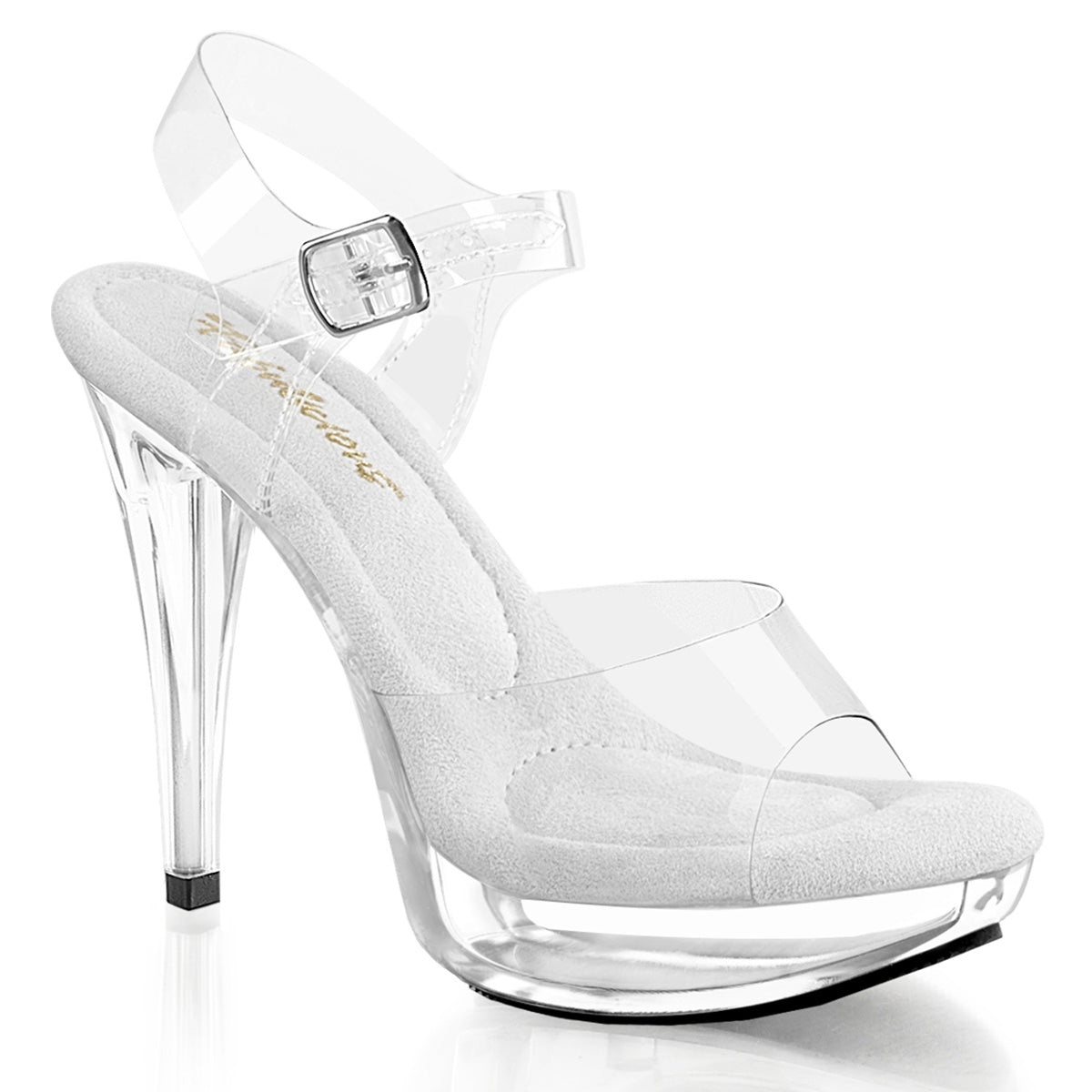 Fabulicious Cocktail-508 5 inch clear ankle strap sandal, three-quarter view on white