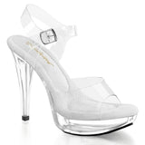 Fabulicious Cocktail-508 5 inch clear ankle strap sandal, three-quarter view on white