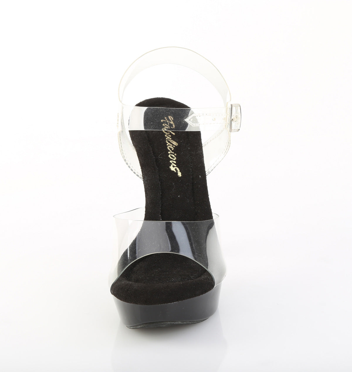 Fabulicious Cocktail-508 5 inch clear black ankle strap sandal, front view