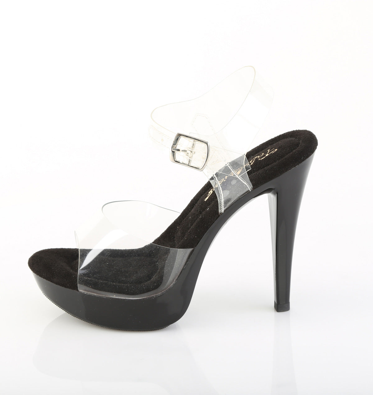 Fabulicious Cocktail-508 5 inch clear black ankle strap sandal, side view of the heel
