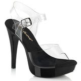 Fabulicious Cocktail-508 5 inch clear black ankle strap sandal, three-quarter view on white