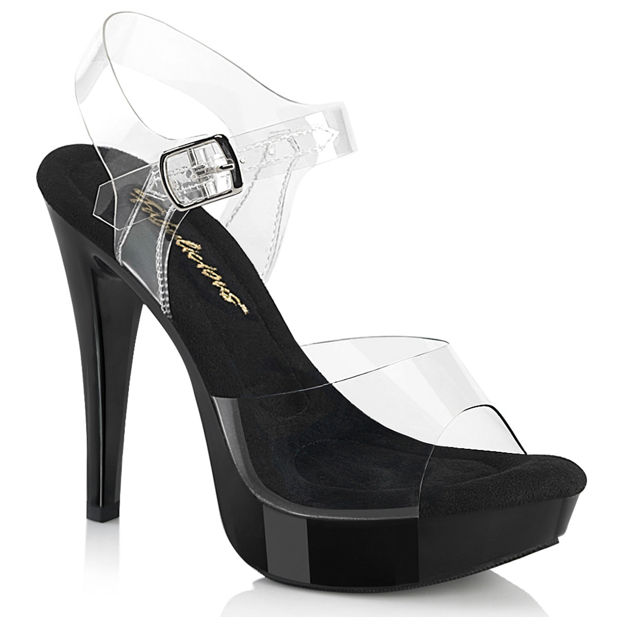 Fabulicious Cocktail-508 5 inch clear black ankle strap sandal, three-quarter view on white