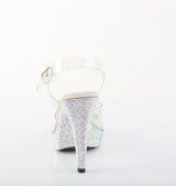 Fabulicious Cocktail-508DM 5 inch clear silver rhinestone-encrusted ankle strap sandal, back view of the heel