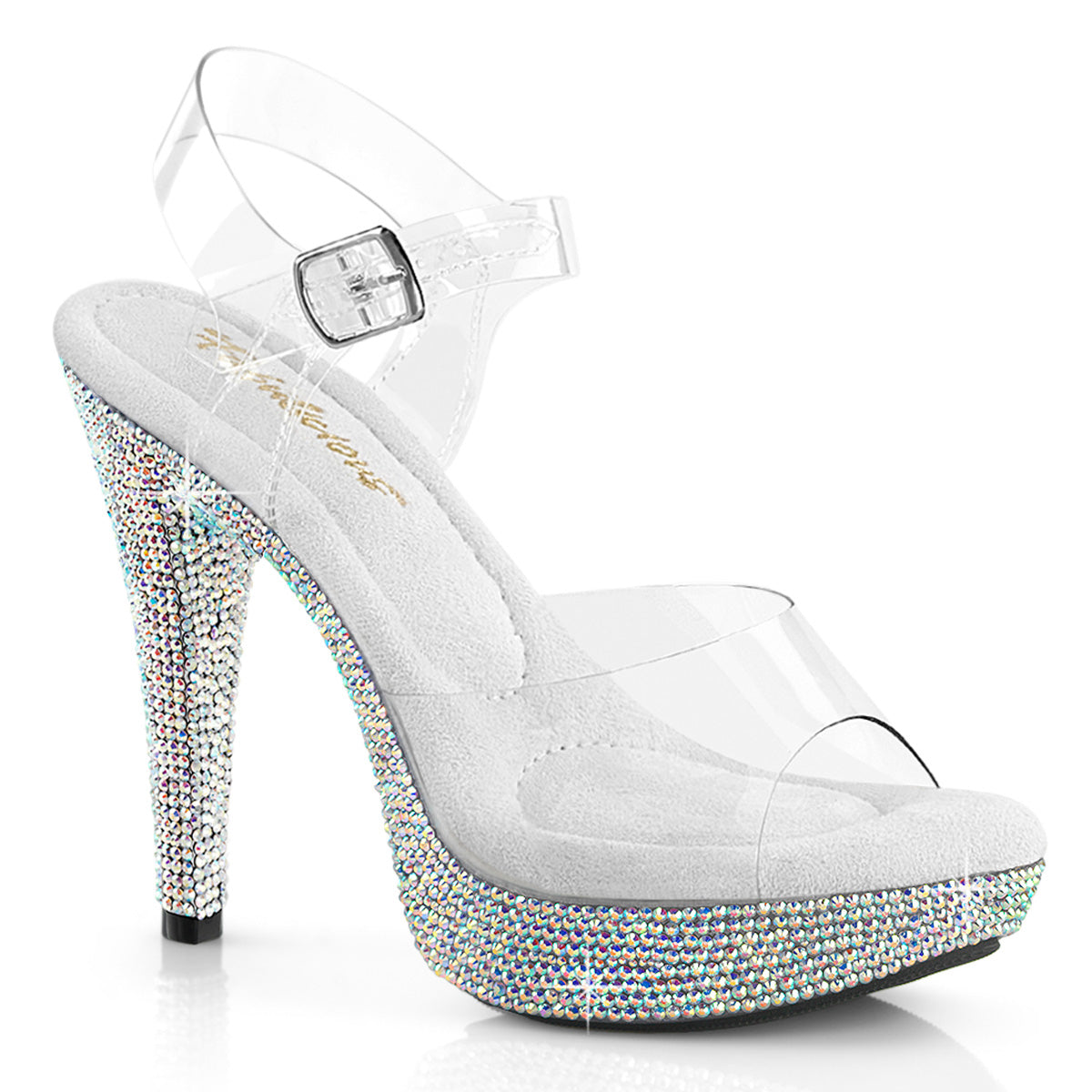 Fabulicious Cocktail-508DM 5 inch clear silver rhinestone-encrusted ankle strap sandal, three-quarter view on white