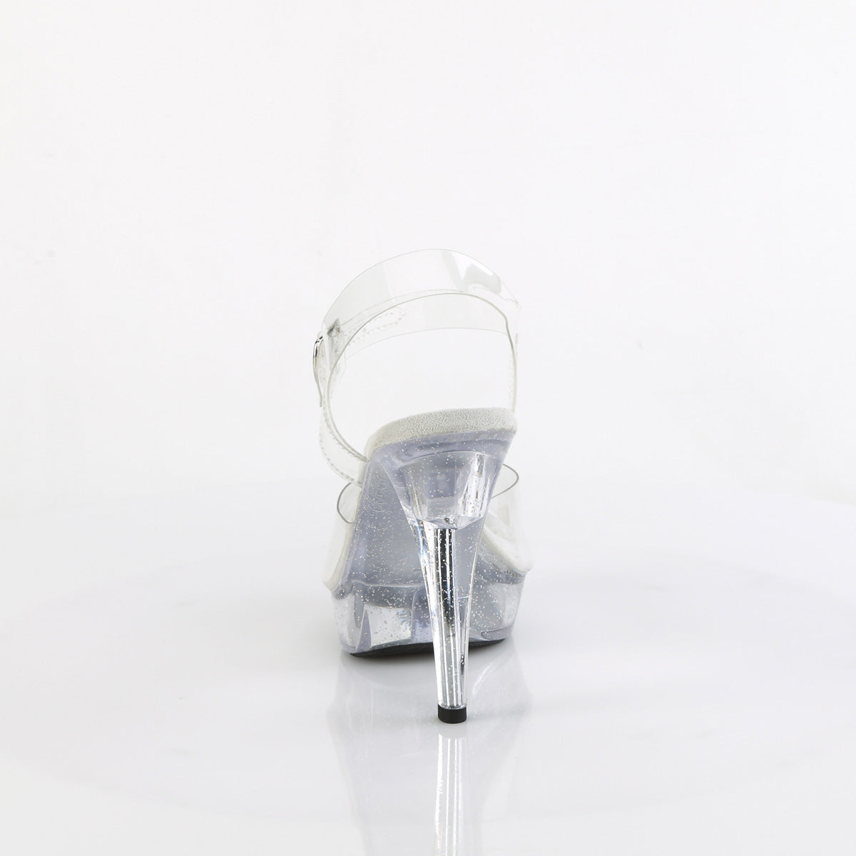 Fabulicious Cocktail-508MG 5 inch clear glitter platform ankle strap sandal, back view of the heel