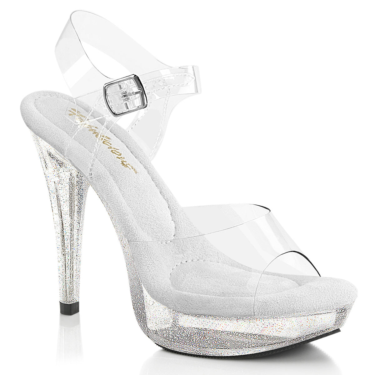 Fabulicious Cocktail-508MG 5 inch clear glitter platform ankle strap sandal, three-quarter view on white