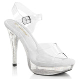 Fabulicious Cocktail-508MG 5 inch clear glitter platform ankle strap sandal, three-quarter view on white