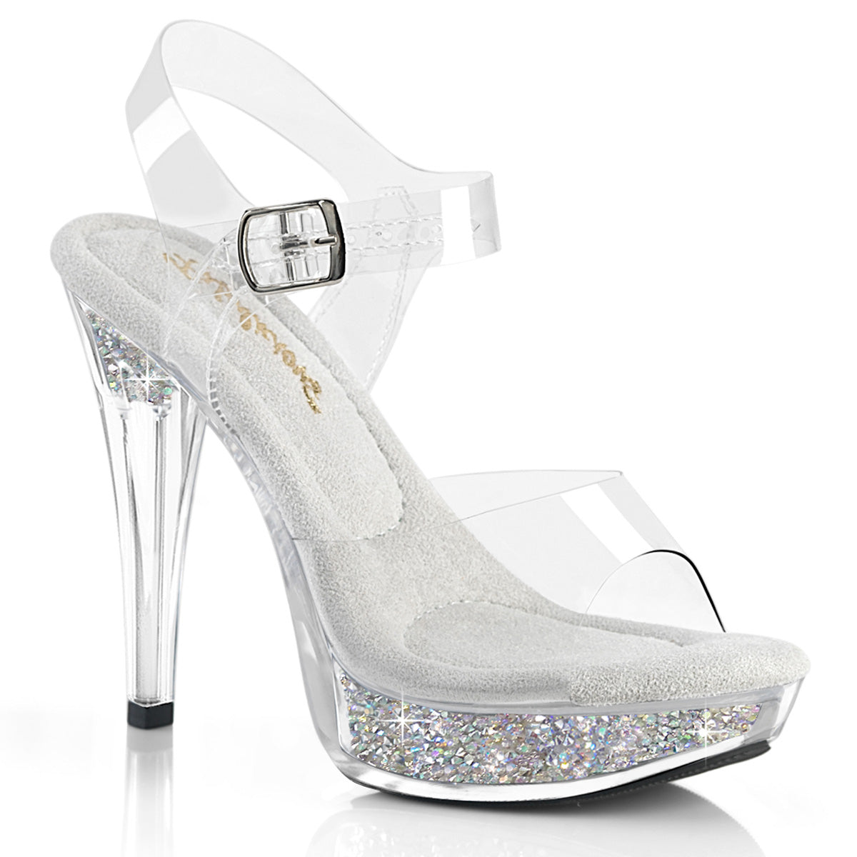 Fabulicious Cocktail-508RSI 5 inch clear silver rhinestone insert ankle strap sandal, three-quarter view on white