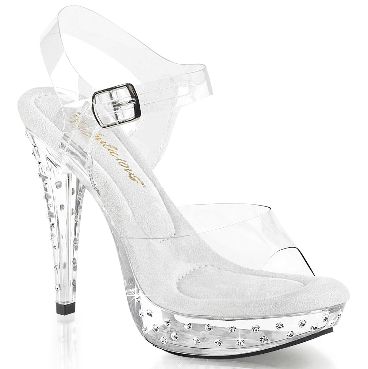 Fabulicious Cocktail-508SDT 5 inch clear rhinestone studded ankle strap sandal, three-quarter view on white