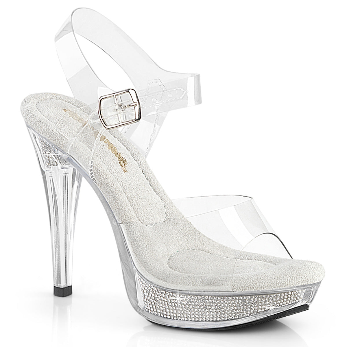 Fabulicious Cocktail-508SRSI 5 inch clear silver rhinestone heel ankle strap sandal, three-quarter view on white
