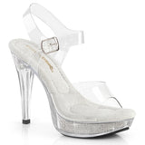 Fabulicious Cocktail-508SRSI 5 inch clear silver rhinestone heel ankle strap sandal, three-quarter view on white